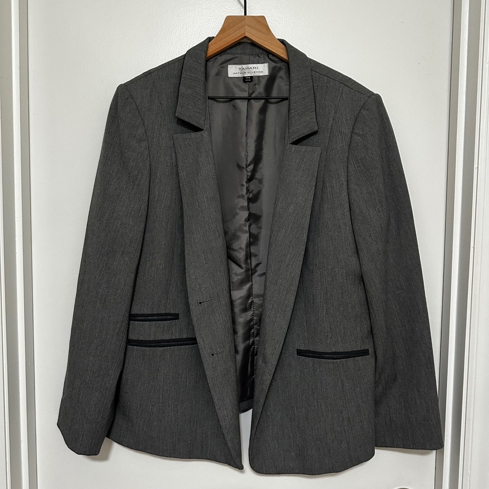 Tahari Arthur S Levine | Women's Gray Black Piping Two Button Blazer Jacket, 14W